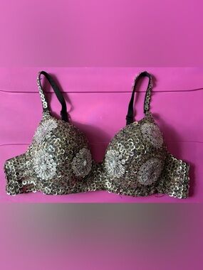 Bejeweled Bra 36B Festival Costume Wear Padded Black Silver Sequins & Jewels